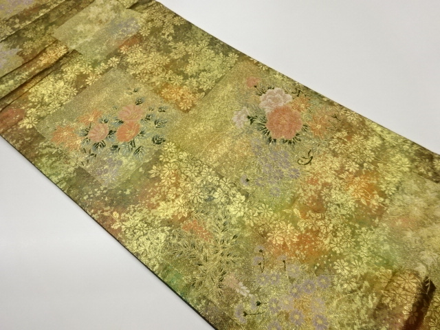 引箔色紙に花々模様織出し袋帯